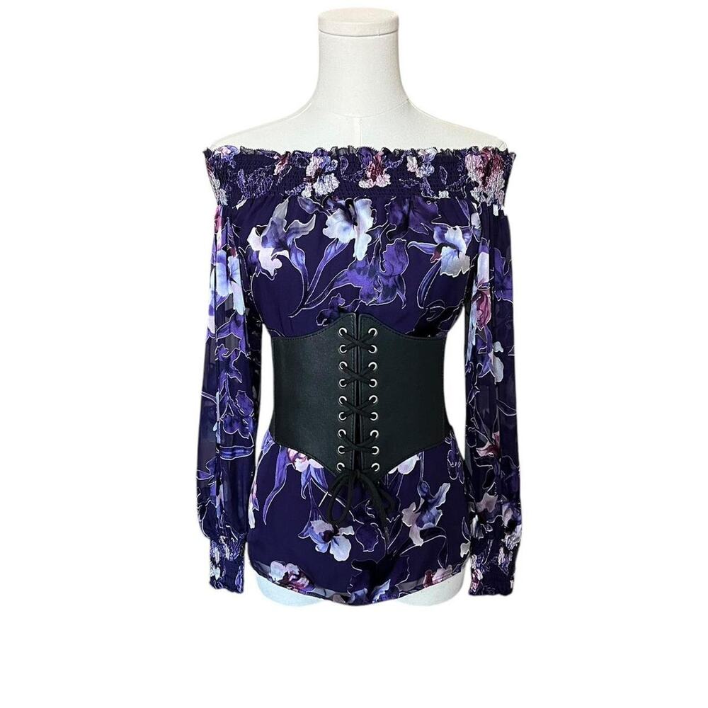 White House Black Market Purple Silk Blend Off the Shoulder Floral Burnout Top